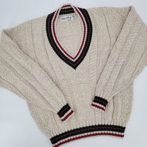 The Lodge VTG Mens 100% Cotton Beige V-Neck Long sleeve Tight-Knit Sweater M
